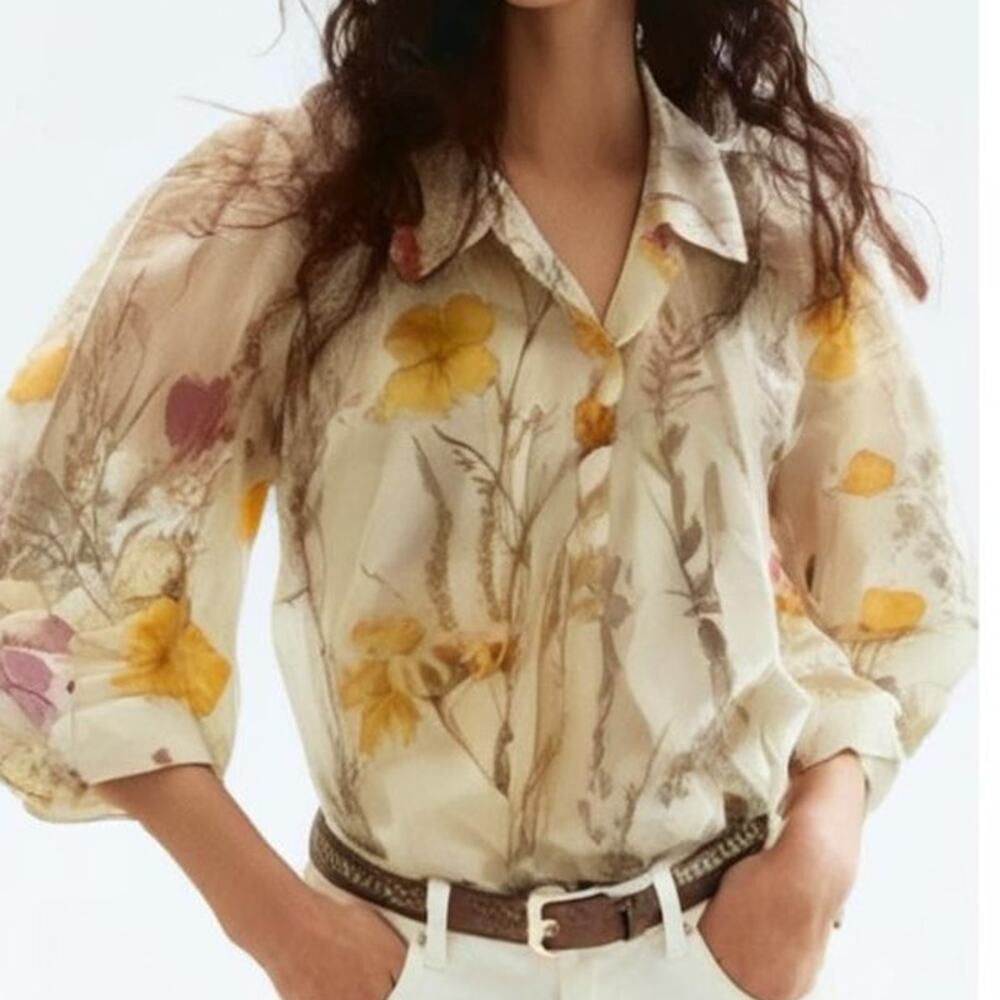 Bailey Yellow Floral 3/4 Sleeve Button Front Collard Blouse Women's Large NWT
